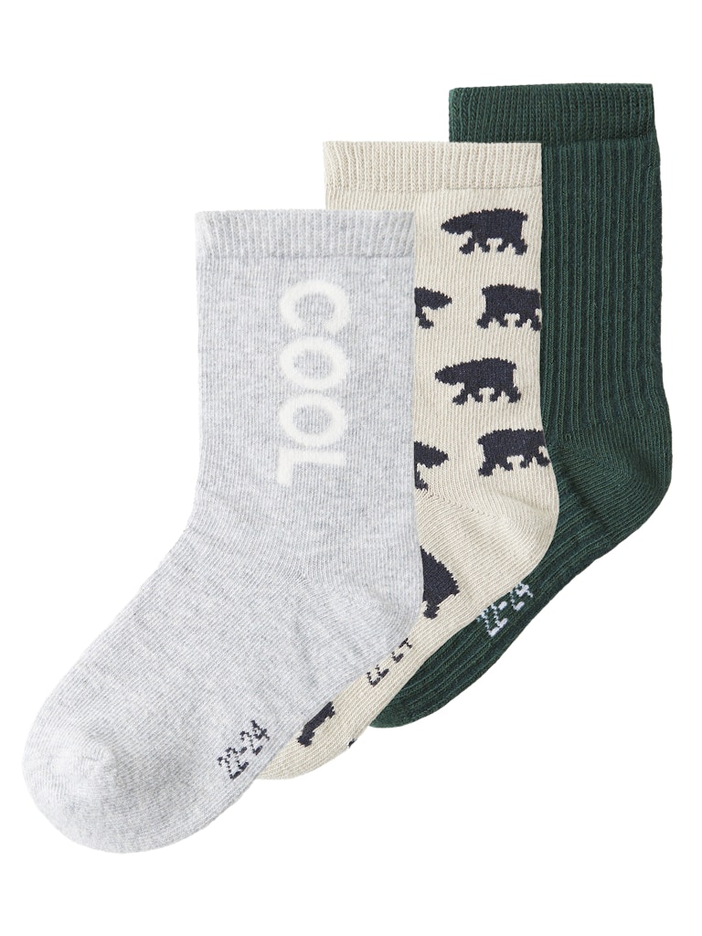 NAME IT MINI - NMM KOSY 3P SOCK - Pure Cashmere Grey Melange + Pine Grove