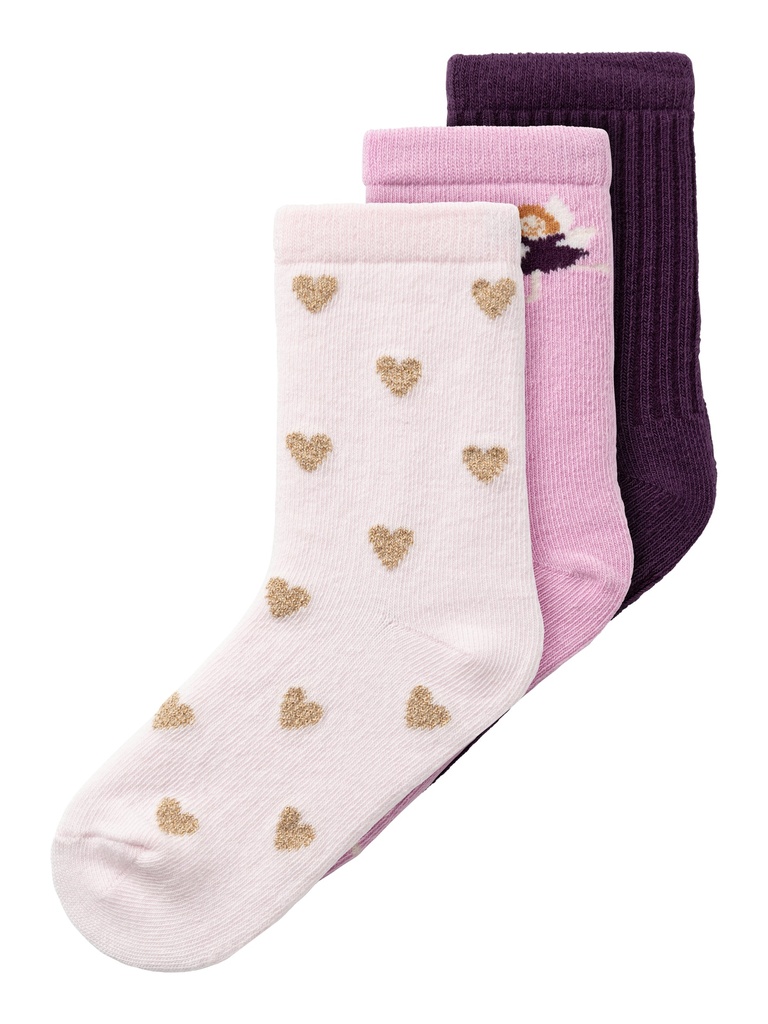 NAME IT MINI - NMF LUMY 3P SOCK - Pastel Lavender Plum Purple + Festival Bloom